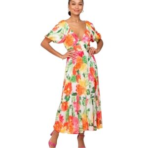 Flying Tomato | Size M | Tropical Floral V-Neck Tiered Maxi Dress Puff Sleeve